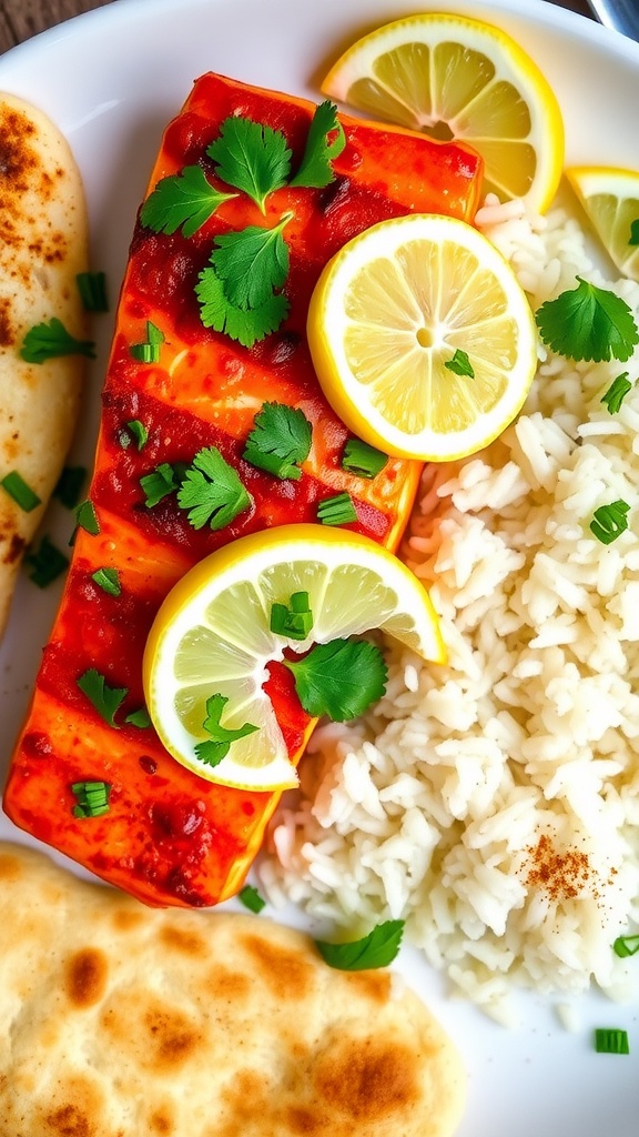 Tandoori spiced salmon fillet garnished with cilantro and lemon, served with rice and naan.